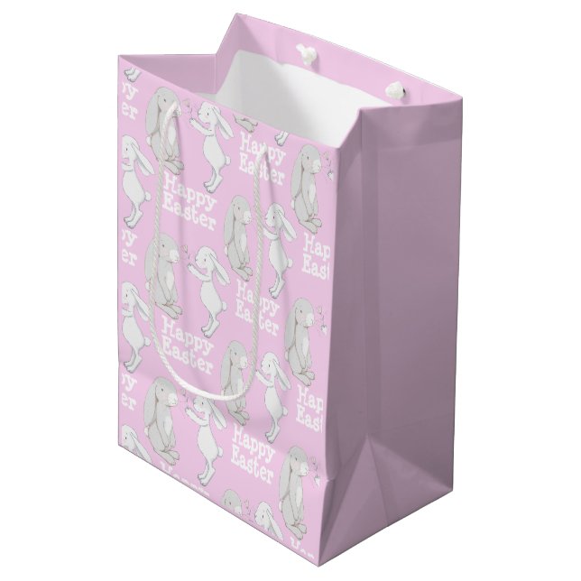 Cute Pink Grey Bunny Happy Easter Gift  Medium Gift Bag (Front Angled)