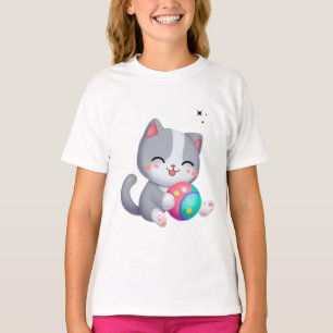 Cute Pink Grey Cats Playing Ball Black Stars T-Shirt