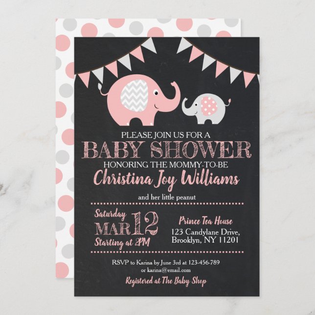 Cute Pink Grey Elephant Baby Shower Invitation (Front/Back)