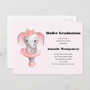 Cute Pink & Grey Elephant Ballerina Graduation Invitation Postcard