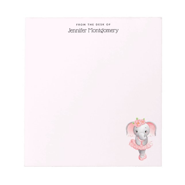 Cute Pink & Grey Elephant Ballerina Notepad (Front)