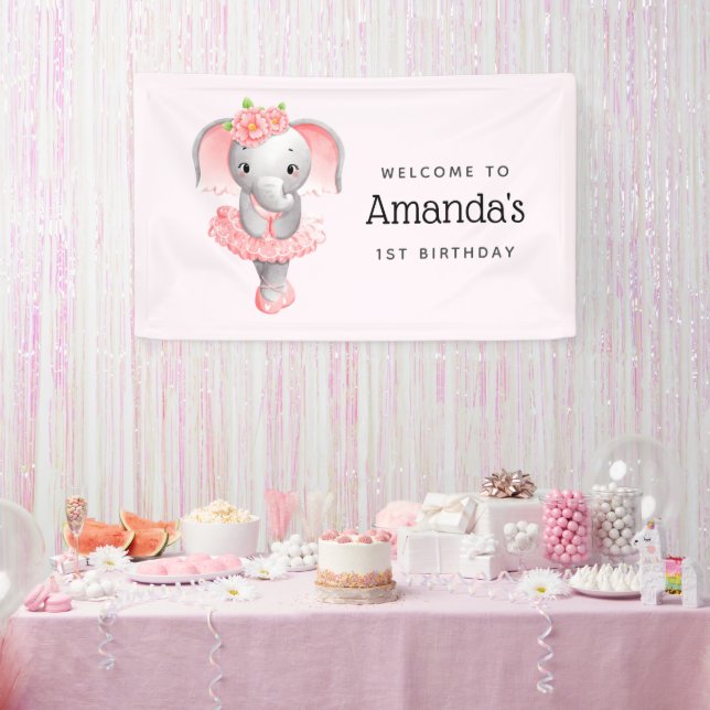 Cute Pink & Grey Elephant Ballerina Party Welcome Banner (Party)