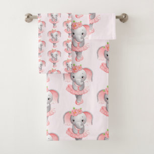 Cute Pink & Grey Elephant Ballerina Patterned Bath Towel Set