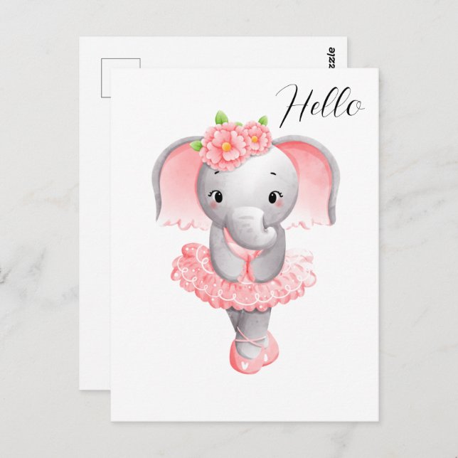 Cute Pink & Grey Elephant Ballerina Postcard (Front/Back)