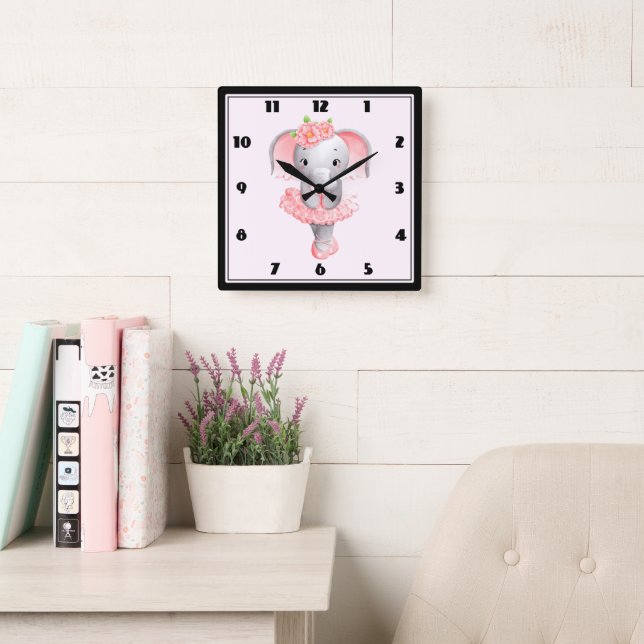Cute Pink & Grey Elephant Ballerina Square Wall Clock (Reading Room)