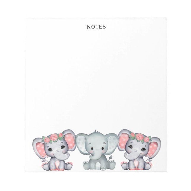 Cute Pink Grey Elephant Feminine Notepad (Front)