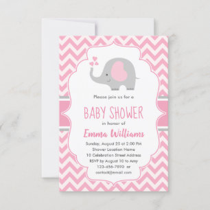 Cute Pink Grey Elephant Girl Baby Shower Invitation