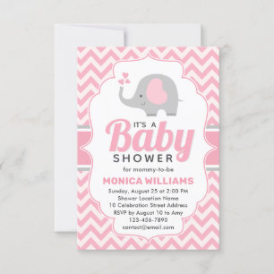 Cute Pink Grey Elephant Girl Baby Shower Invitation