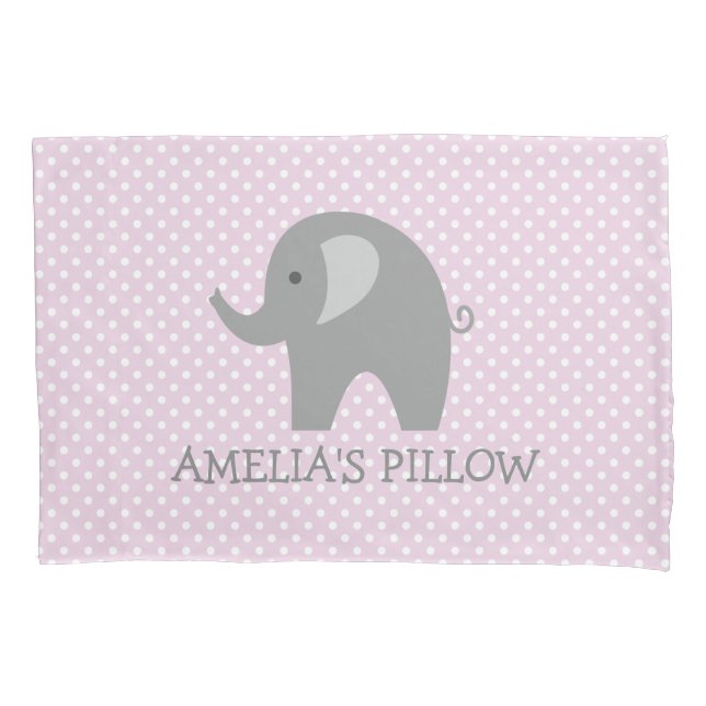 Cute pink grey elephant girls bedroom pillowcase (Front)