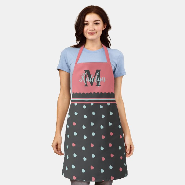 Cute Pink & Grey Heart Pattern Monogrammed Kitchen Apron (Worn)