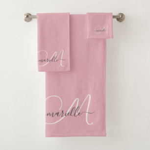 Cute Pink Grey Monogram Script Name Elegant Bath Towel Set