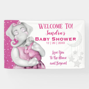 Cute Pink & Grey Mum & Baby Elephant Baby Shower Banner