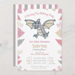 Cute Pink Grey Tan Dinosaur Kid's Birthday Party Invitation