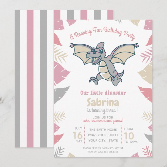 Cute Pink Grey Tan Dinosaur Kid's Birthday Party Invitation (Front/Back)