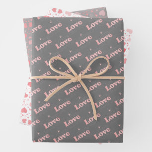 Cute Pink/Grey Valentine ‘Love’ & Heart Pattern Wrapping Paper Sheet