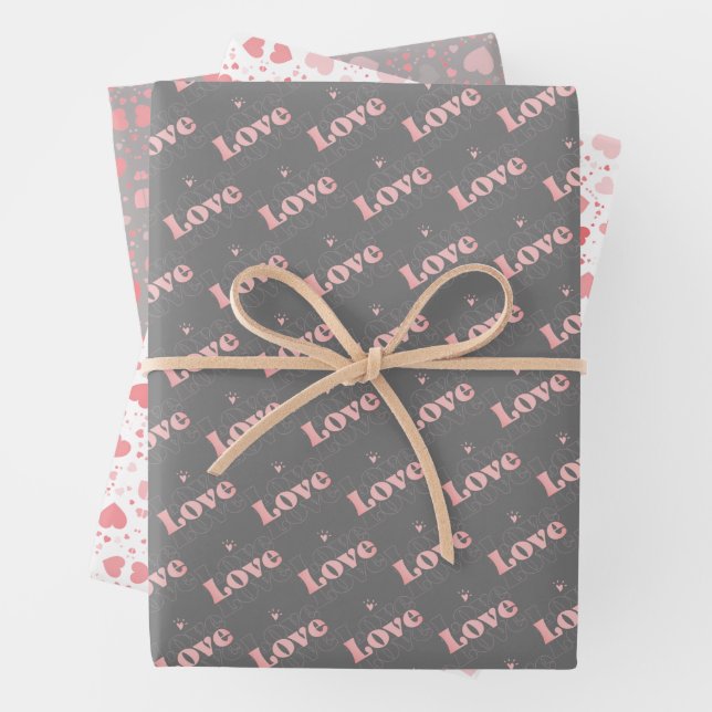 Cute Pink/Grey Valentine ‘Love’ & Heart Pattern  Wrapping Paper Sheet (In situ)