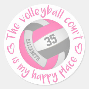 cute pink grey volleyball court my happy place classic round sticker