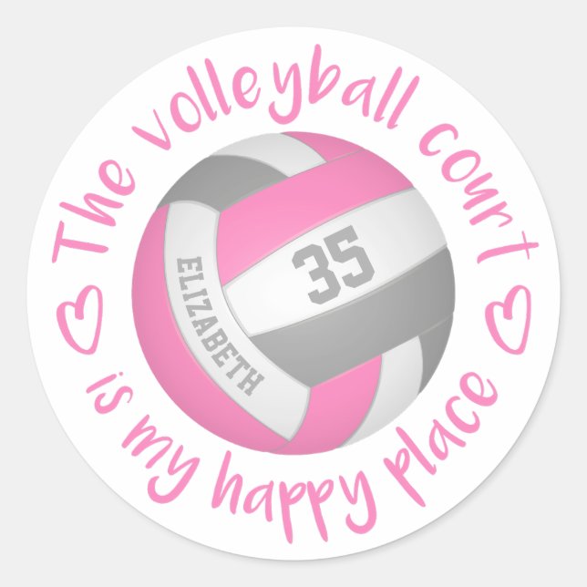 cute pink grey volleyball court my happy place classic round sticker (Front)