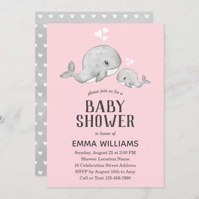 Cute Pink Grey Whale Baby Shower Invitation - Girl (Front/Back)