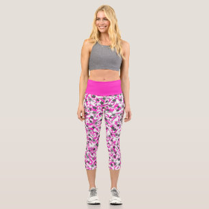 Cute pink grey white abstract flowers capri leggings