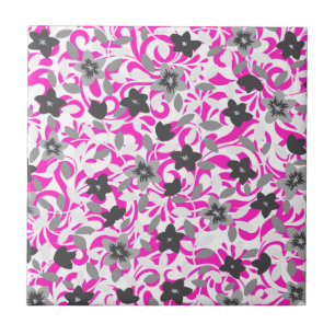 Cute pink grey white abstract flowers ceramic tile