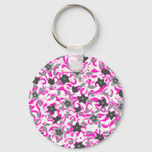 Cute pink grey white abstract flowers key ring