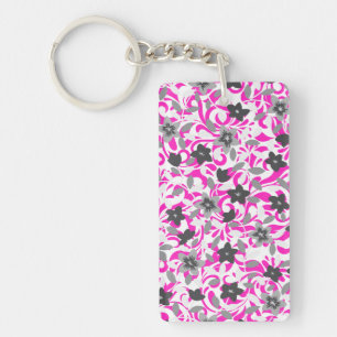 Cute pink grey white abstract flowers key ring