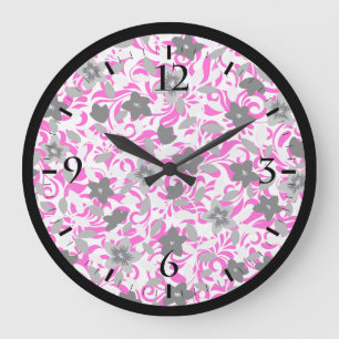 Cute pink grey white abstract flowers large clock
