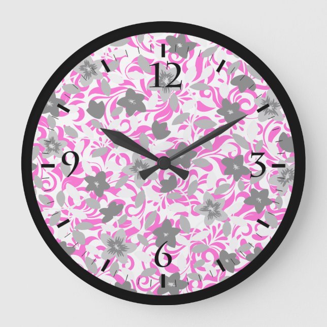 Cute pink grey white abstract flowers large clock (Front)