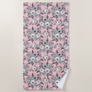 Cute Pink Grey White Floral Watercolor Paint Beach Towel