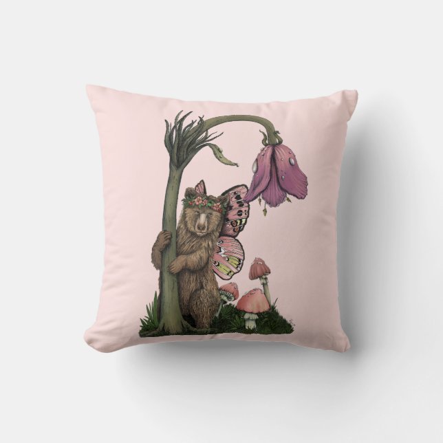 Cute Pink Grizzly Bear Fairy in Enchanted Forest  Cushion (Front)