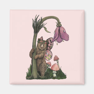Cute Pink Grizzly Bear Fairy in Enchanted Forest Magnet
