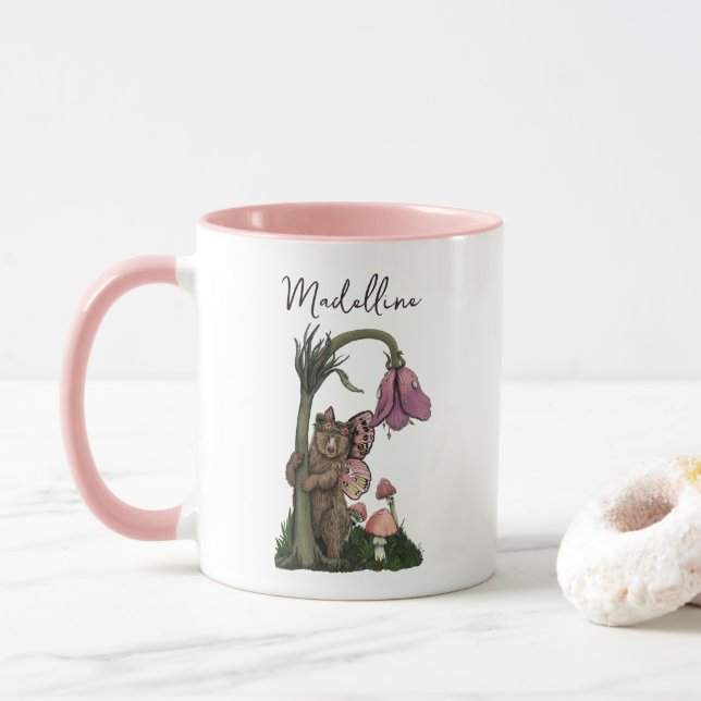 Cute Pink Grizzly Bear Fairy in Enchanted Forest  Mug (With Donut)