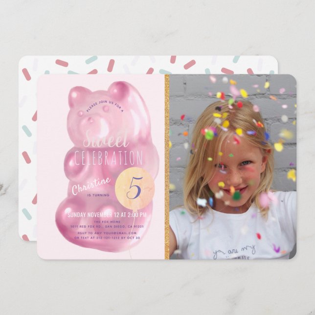 Cute Pink Gummy Bear Sweet Candy Photo Birthday Invitation (Front/Back)