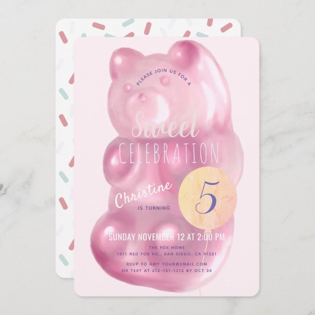 Cute Pink Gummy Bear Sweet Girl Candy Birthday Invitation (Front/Back)