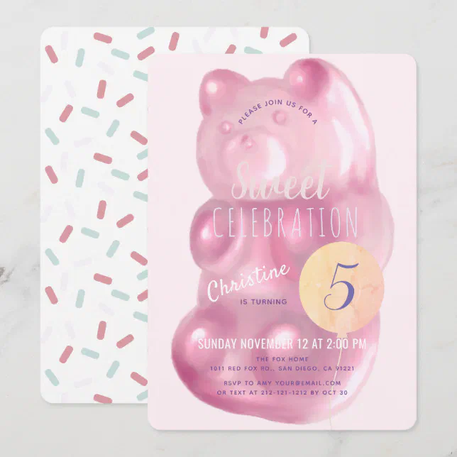 Cute Pink Gummy Bear Sweet Girl Candy Birthday Invitation | Zazzle