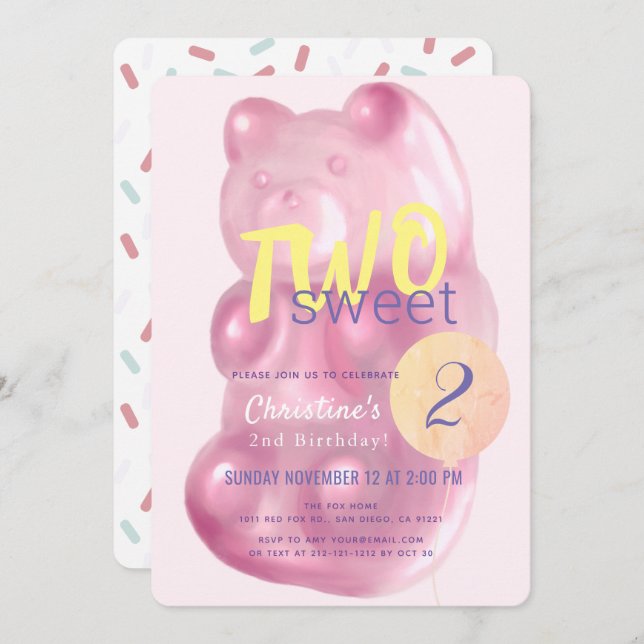 Cute Pink Gummy Bear Two Sweet Girl 2nd Birthday Invitation (Front/Back)