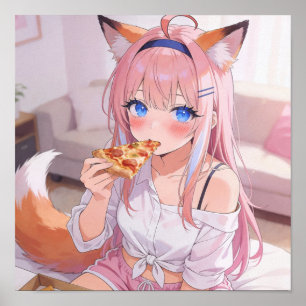 Cute Pink Hair Fox Girl Eating Pizza Poster