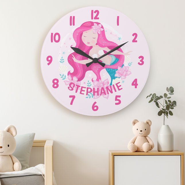 Cute Pink Hair Mermaid Girls Fantasy Bedroom Wall Large Clock (Creator Uploaded)