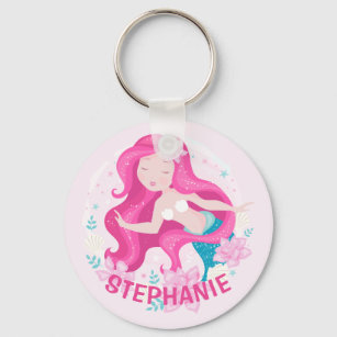 Cute Pink Hair Mermaid Girls Fantasy Personalised Key Ring