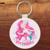 Cute Pink Hair Mermaid Girls Fantasy Personalised Key Ring (Front)