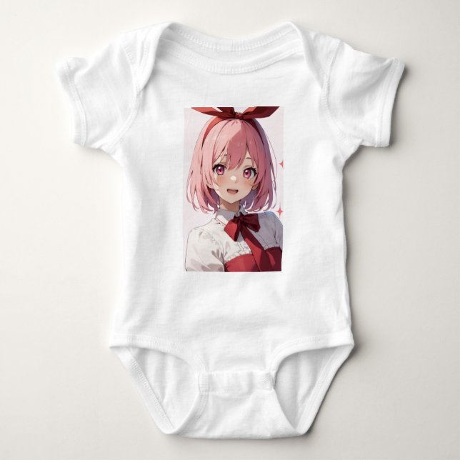 Cute Pink-Haired Anime Girl Illustration Baby Bodysuit (Front)