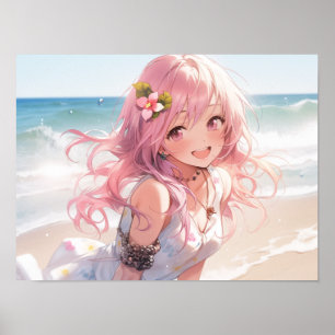 Cute pink haired anime girl on the beach poster