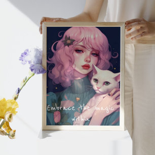 Cute Pink-haired Girl Embracing her White Cat Photo Print