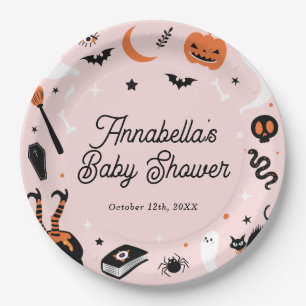 Cute Pink Halloween Baby Girl Shower Paper Plate