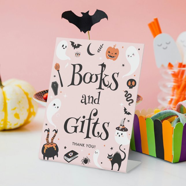 Cute Pink Halloween Baby Shower Books and Gifts  Pedestal Sign (Creator Uploaded)