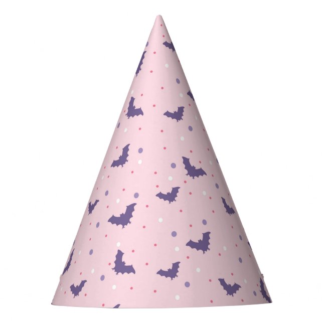Cute Pink Halloween Bat Pattern with Polka Dots Party Hat (Front)