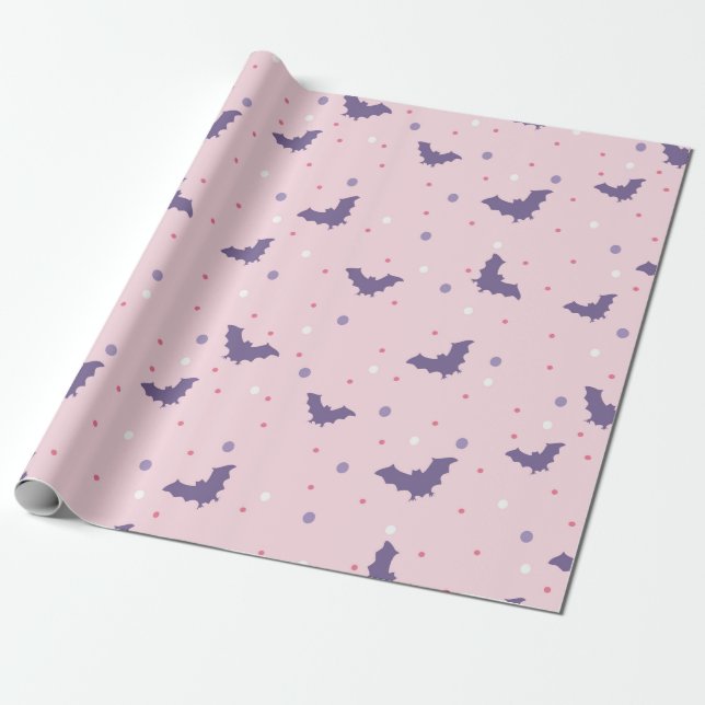 Cute Pink Halloween Bat Pattern with Polka Dots Wrapping Paper (Unrolled)