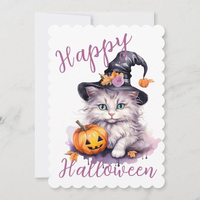 Cute Pink Halloween Birthday Party Kitten Pumpkin Invitation (Front)