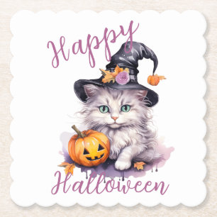 Cute Pink Halloween Birthday Party Kitten Pumpkin Paper Coaster